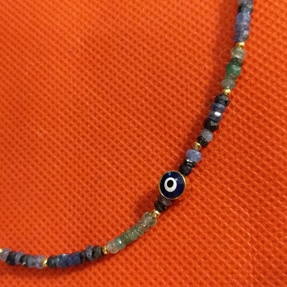 Evil eye charm bracelet natural multicolored sapphire and 24 k bracelet - Picture 6 of 6